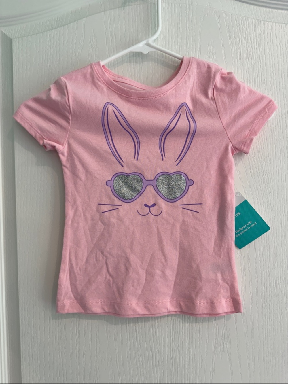 Girls' Pink Bunny Graphic Tee with Glitter Sunglasses